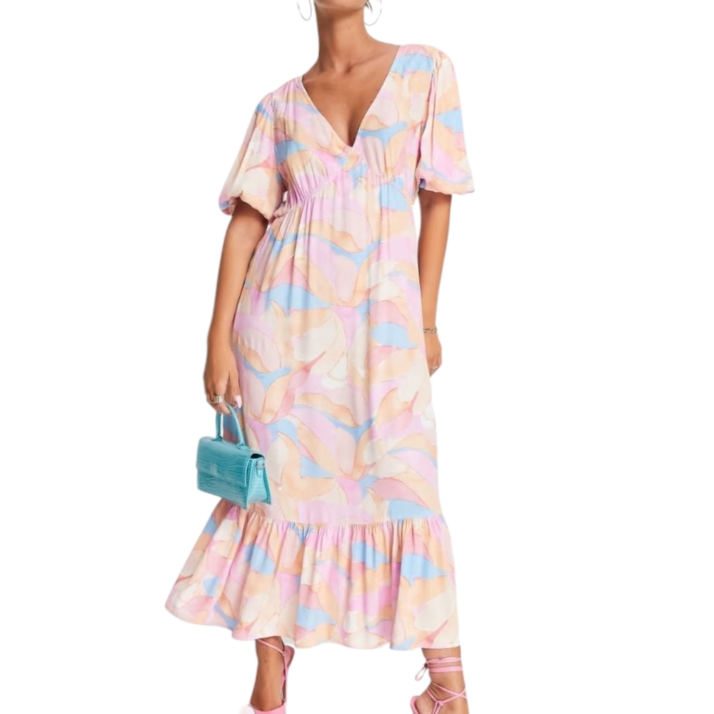 VILA Midi Dress Pastel Abstract Print, Pink EU 34 US 2/4